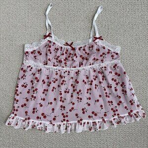 Y2K Babydoll‎ Cherry print Lace Trim Cami Tank top Size L
